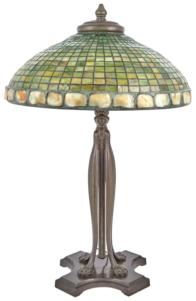 Bronze and Leaded Favrile Glass Geometric and Turtleback Library Lamp by Tiffany Studios