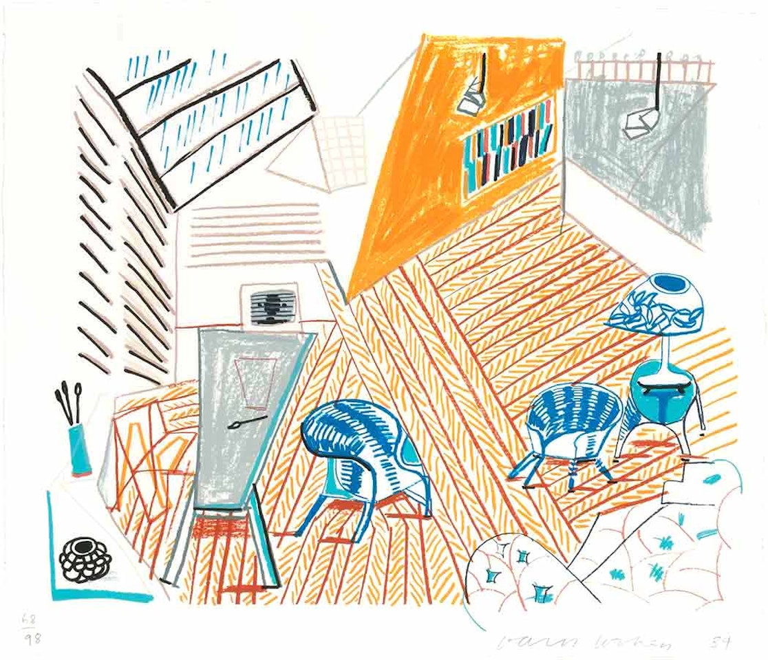 PEMBROKE STUDIO WITH BLUE CHAIRS AND LAMP (M.C.A.T. 263) by David Hockney