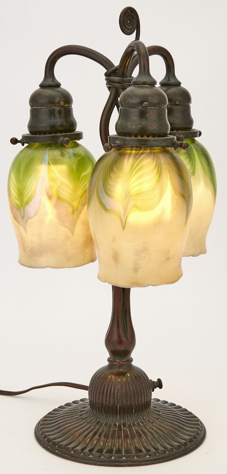 Bronze and Favrile Glass Three-Light Table Lamp by Tiffany Studios