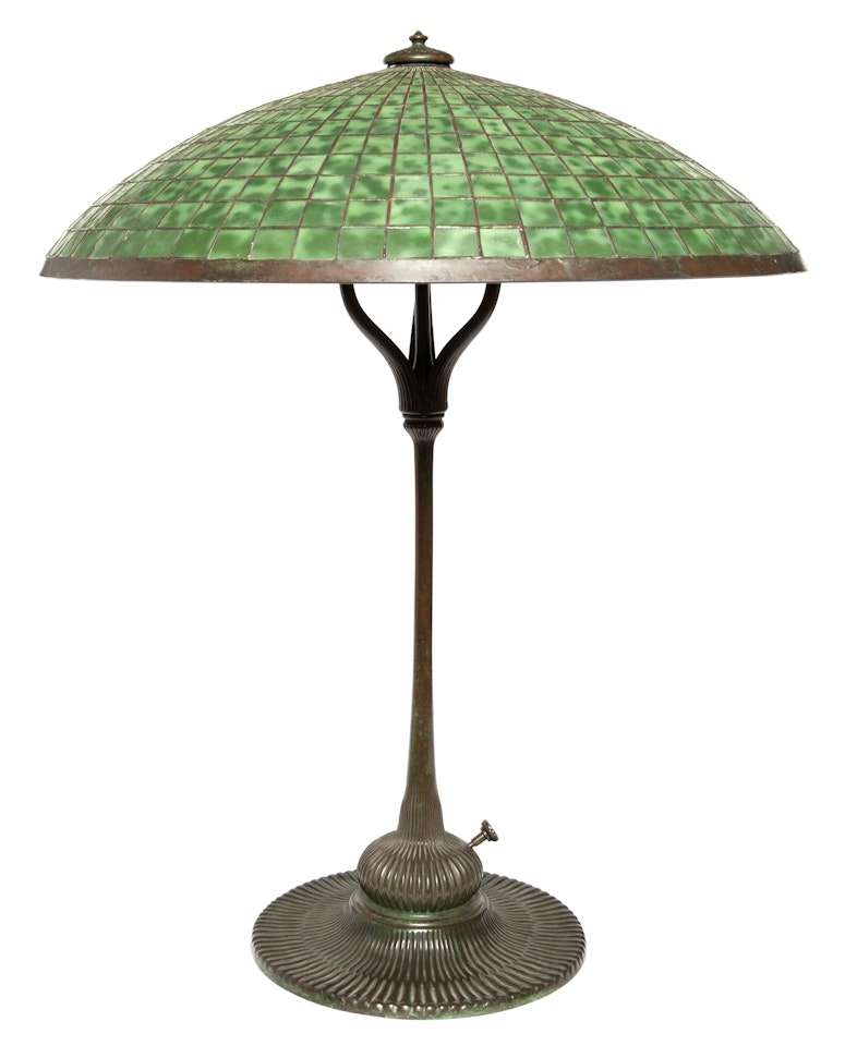 Bronze and Leaded Glass Parasol Library Lamp by Tiffany Studios