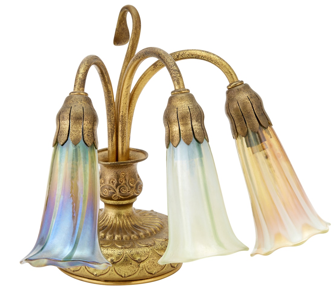 Gilt-Bronze and Favrile Glass Three-Light Lily Piano Lamp by Tiffany Studios