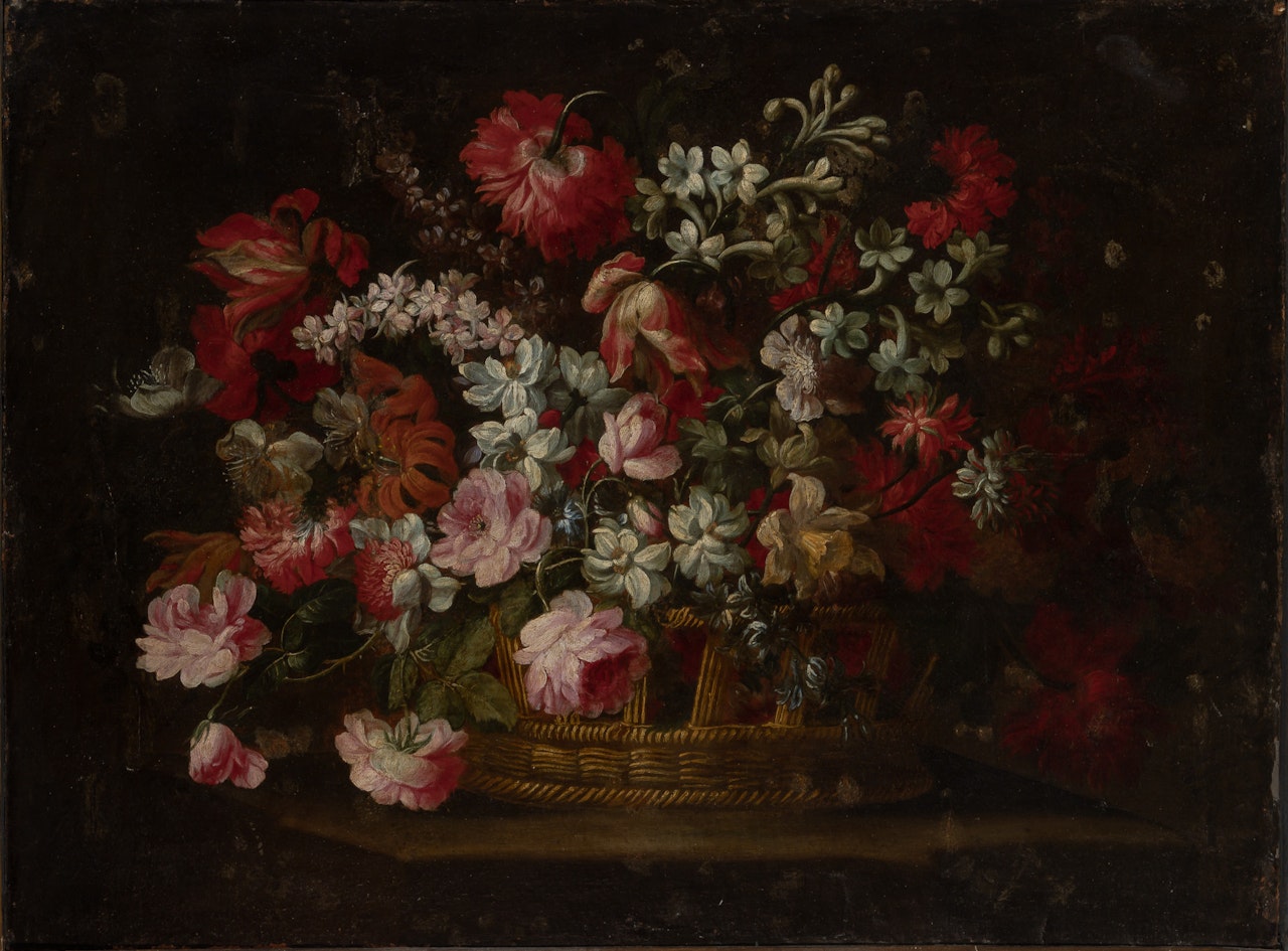 Roses, Tiger Lillies and Other Flowers in a Basket on a Ledge by Neapolitan School