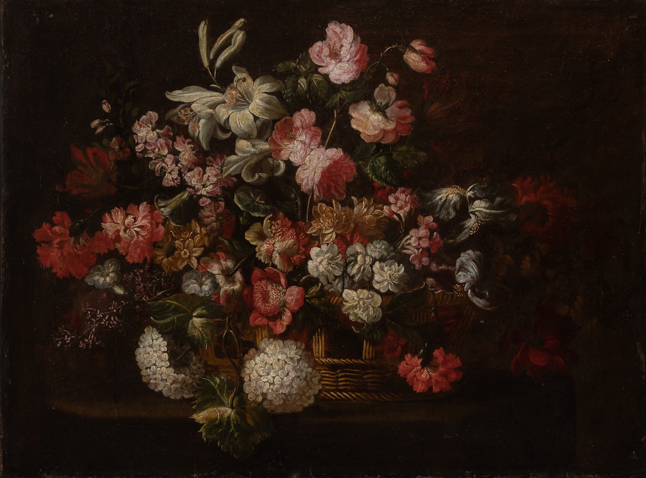Roses, Hydrangeas and other Flowers in a Basket on a Ledge by Neapolitan School