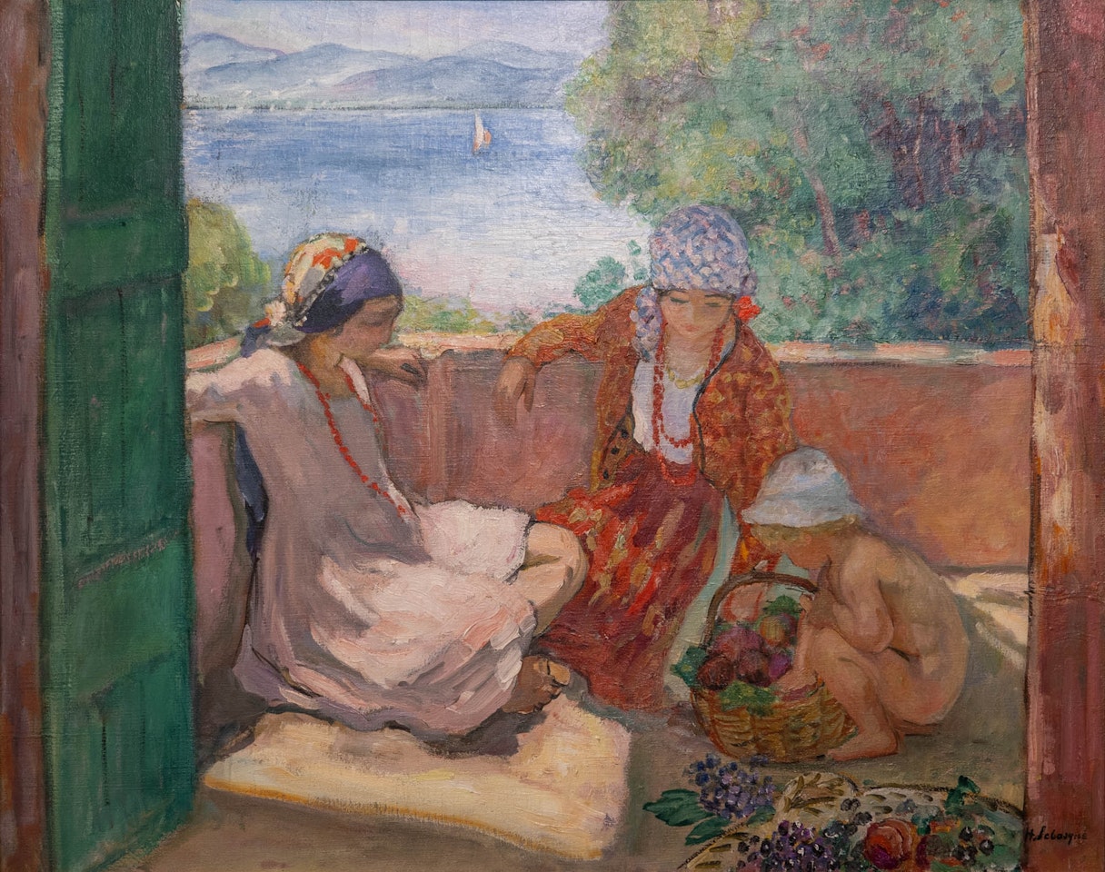 Jeunes Femmes Assises et Enfant sur la Terrasse à Sainte-Maxime (Les Enfants Lebasque) by Henri Lebasque