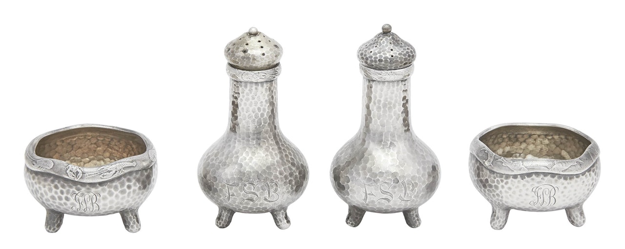 Salt Cellars and Pair of Dominick & Haff Sterling Silver Pepper Casters by Tiffany & Co.