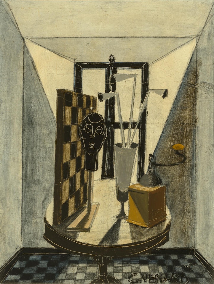 Still Life with Coffee Grinder, Glass with Pipes and Window by Claude Venard