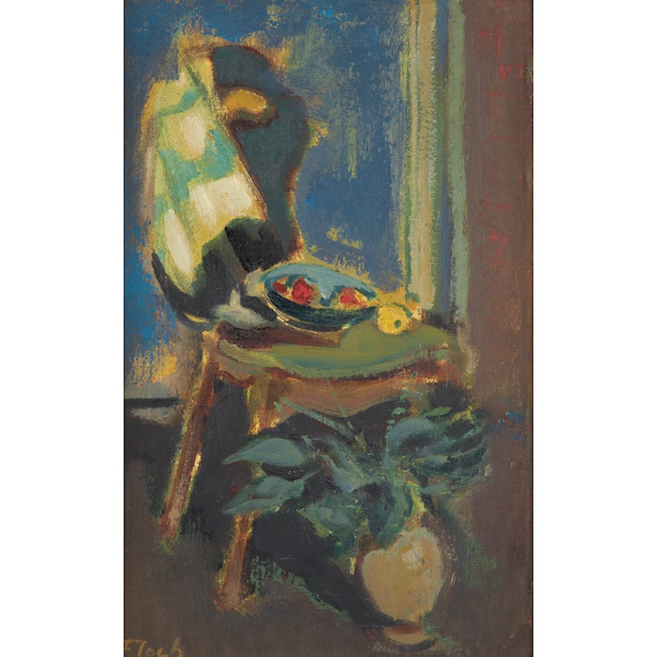 Still Life with Chair, Fruit and Potted Plant by Joseph Floch