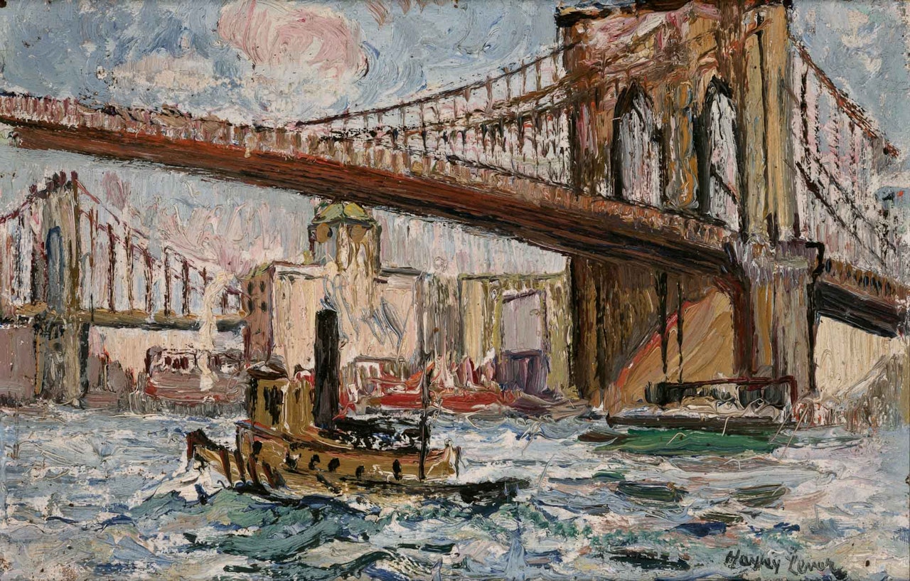 Tugboat Approaching the Brooklyn and Manhattan Bridges by Hayley Lever