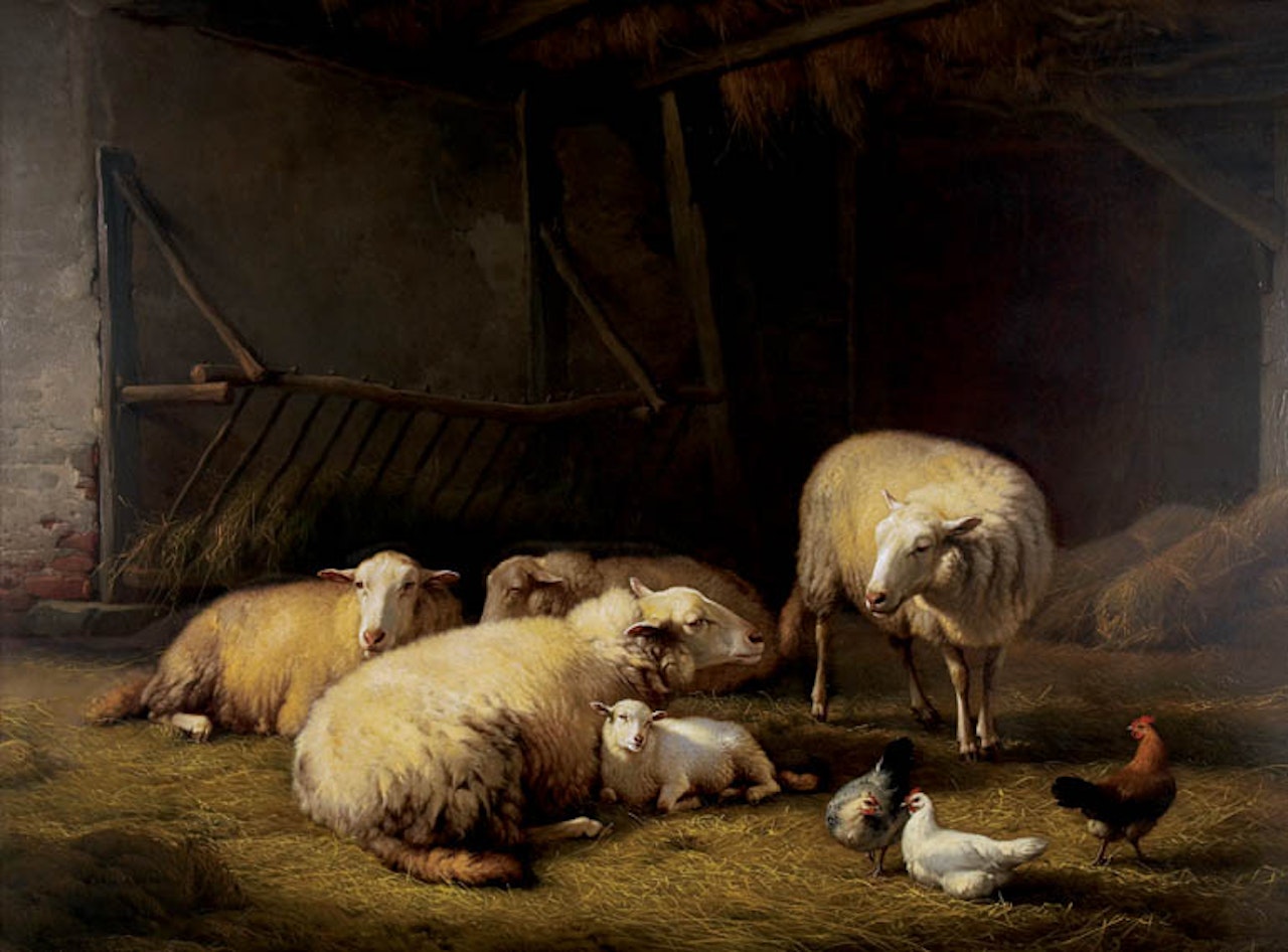 Sheep and Fowl in a Stable by Eugène Joseph Verboeckhoven