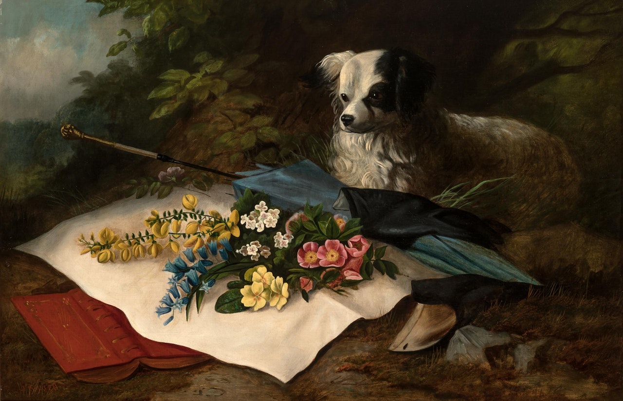 Still Life with a Spaniel in a Landscape by English School