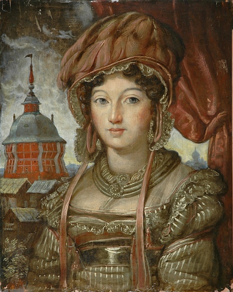 PORTRAIT OF YULIA CHAKOVENA WITH THE RED TOWERS OF THE TRINITY ST. SERGIUS MONASTERY by Russian School