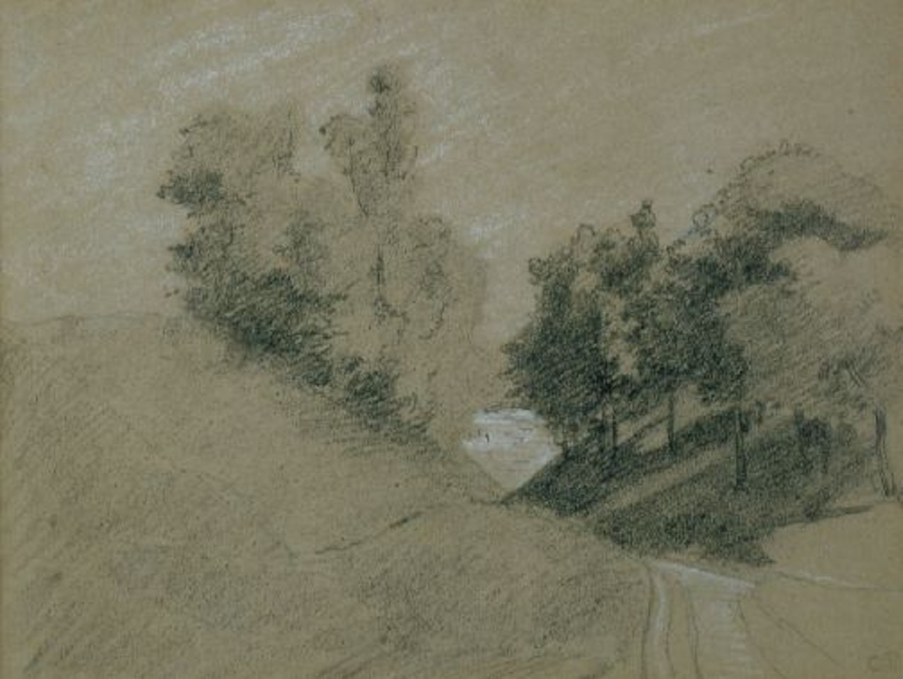 PAYSAGE AVEC UNE ROUTE POUR UN LAC by Camille Pissarro