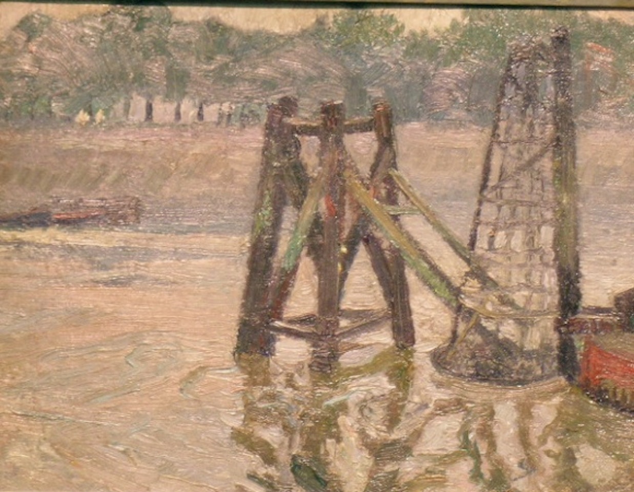 BARGES AND FLOATING BUOYS ON THE TREE-LINED THAMES by Hayley Lever
