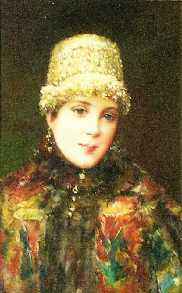 YOUNG BOYARINA IN A FUR-TRIMMED BROCADE COAT by Konstantin Makovsky