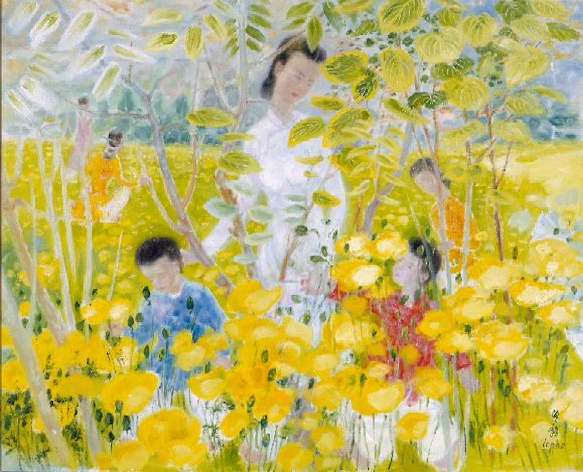MERE ET ENFANTS DANS LES CHAMPS FLEURIS by Le Pho