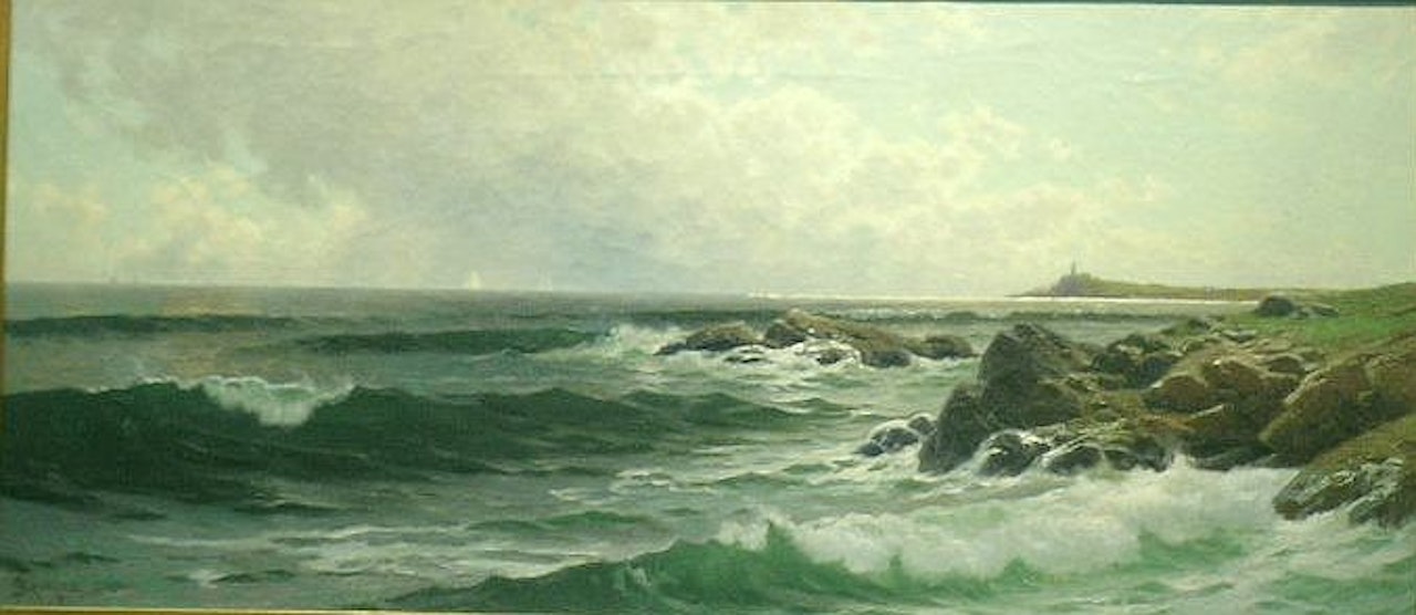 IN GLOUCESTER HARBOR WITH LIGHTHOUSE IN THE DISTANCE by Alfred Thompson Bricher