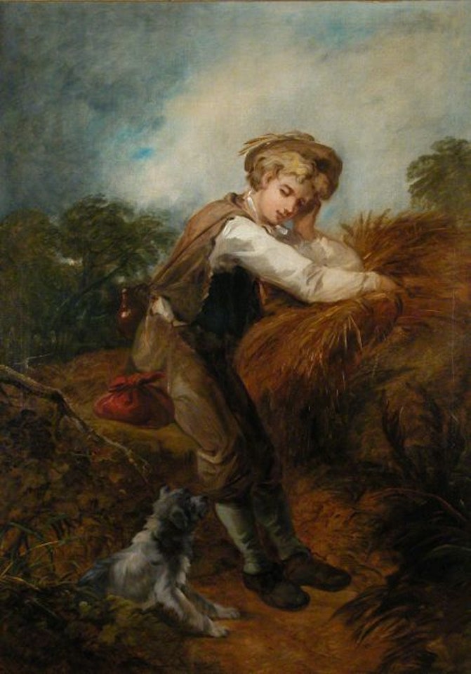 A YOUNG RUSTIC WITH HIS DOG LEANING ON A HAYSTACK by English School