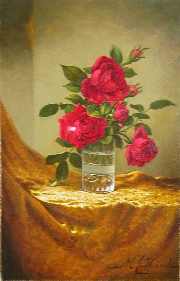 GLASS OF ROSES ON GOLD CLOTH by Martin Johnson Heade