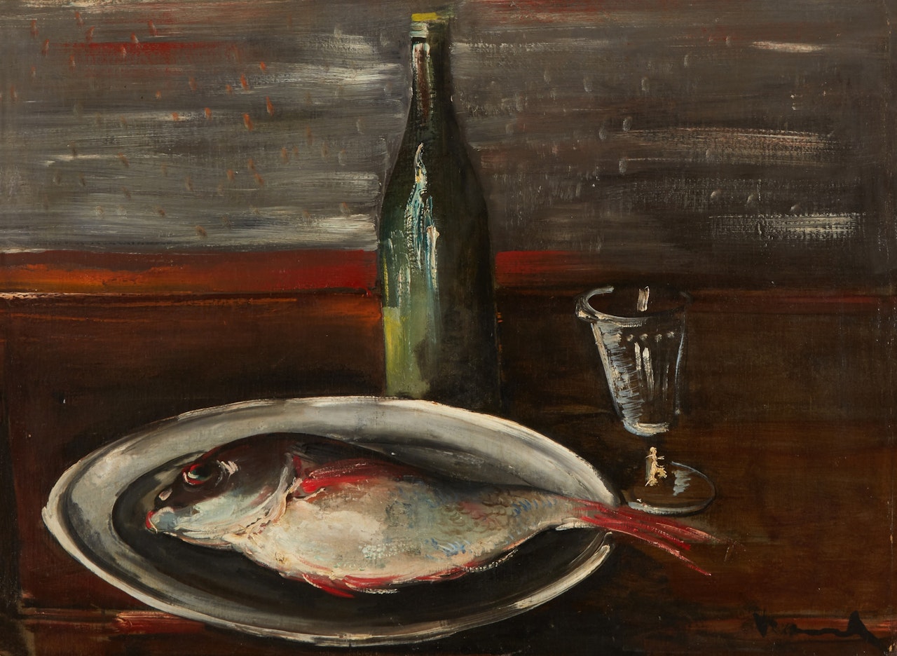 Nature morte à la bouteille et au poisson by Maurice de Vlaminck