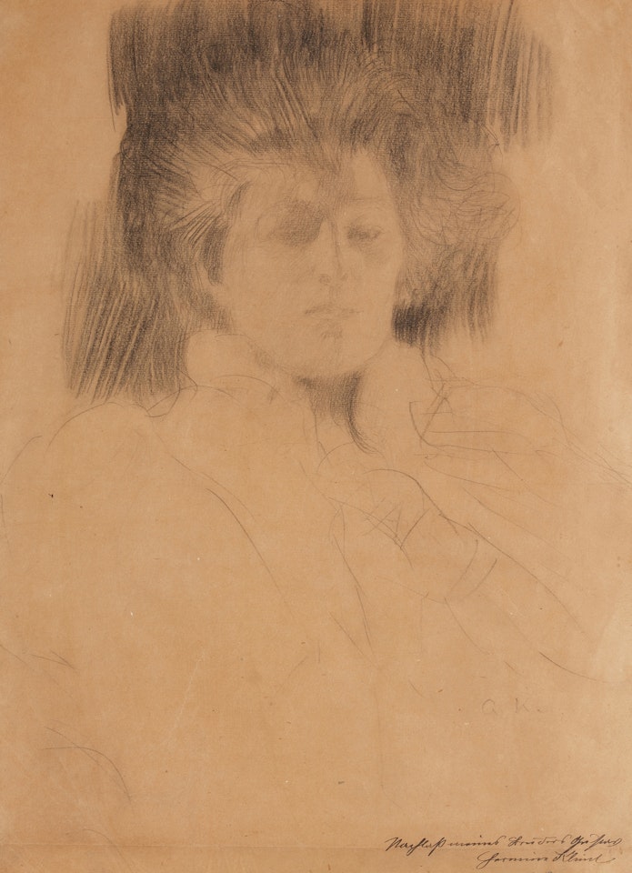 Brustbild einer Dame im Dreiviertelprofil nach rechts (Bust portrait of a lady in three-quarter profile to the right) by Gustav Klimt