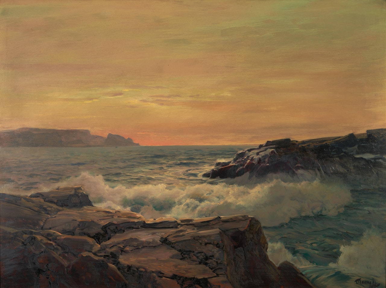 Waves Crashing on the Rocks at Sunset by Frederick Judd Waugh