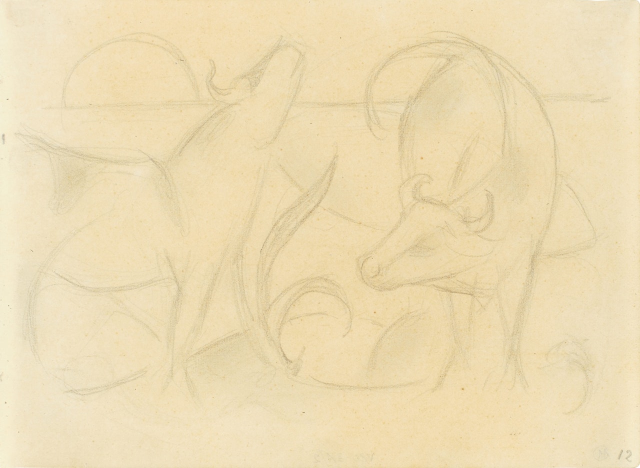 Zwei Kühe mit aufgehender Sonne (Two cows with rising sun) by Franz Marc