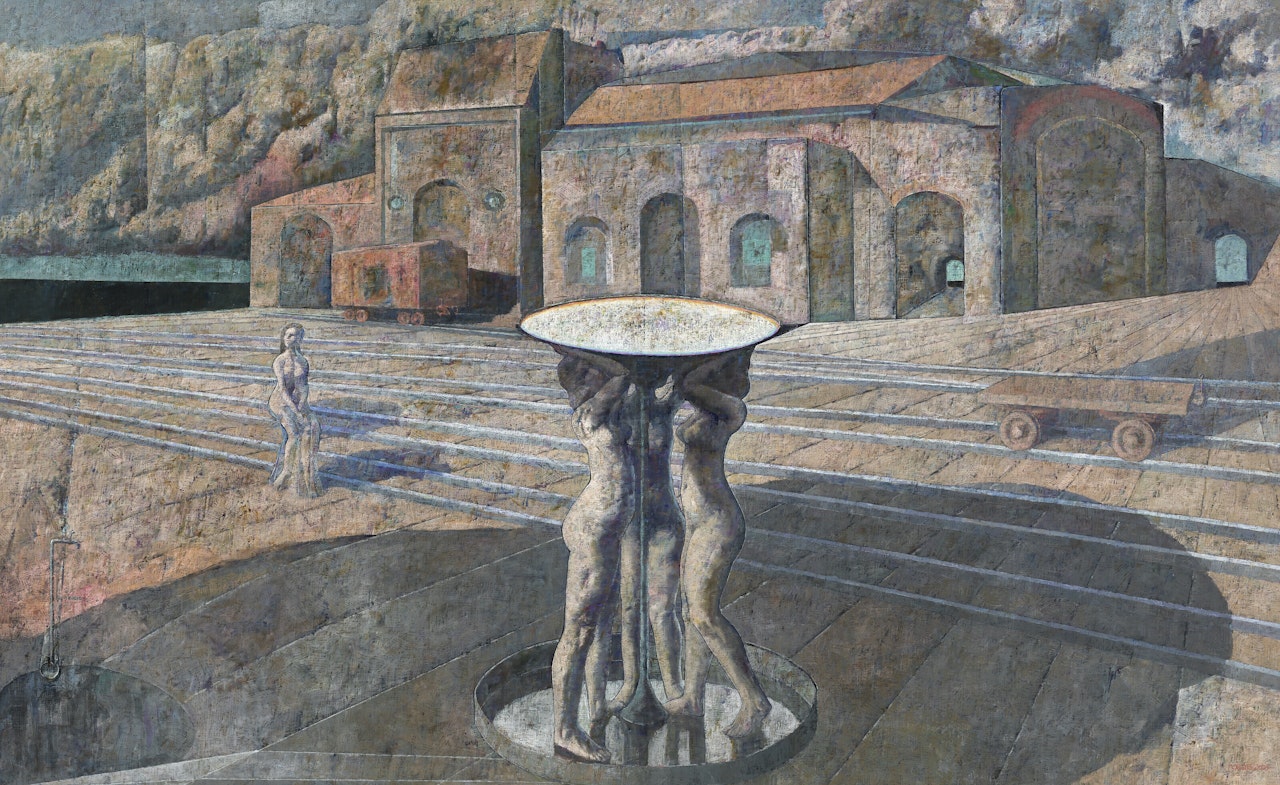 Patio de ferrocarril y fuente by Armando Morales