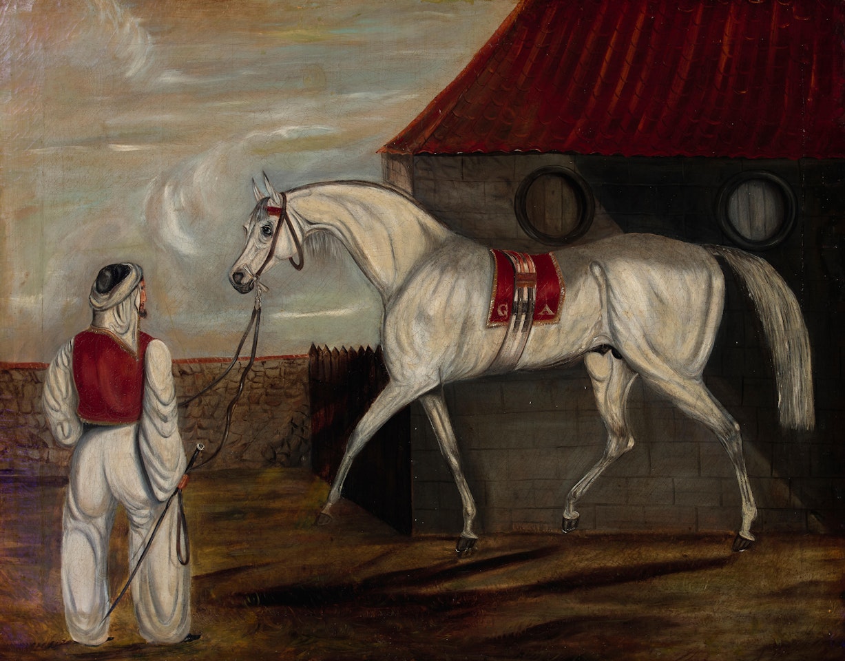 Rider with white horse by English School