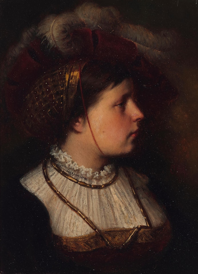 A portrait of a young woman in a feathered hat by Dutch School