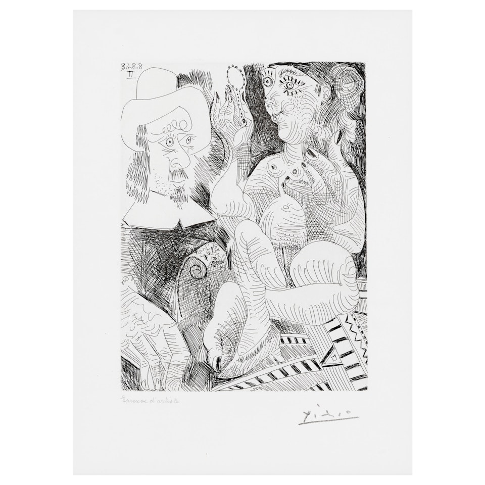 Femme à sa Toilette et Homme au Chapeau Rembranesque, plate 258, from Séries 347 (Bloch 1738, Baer 1755) by Pablo Picasso