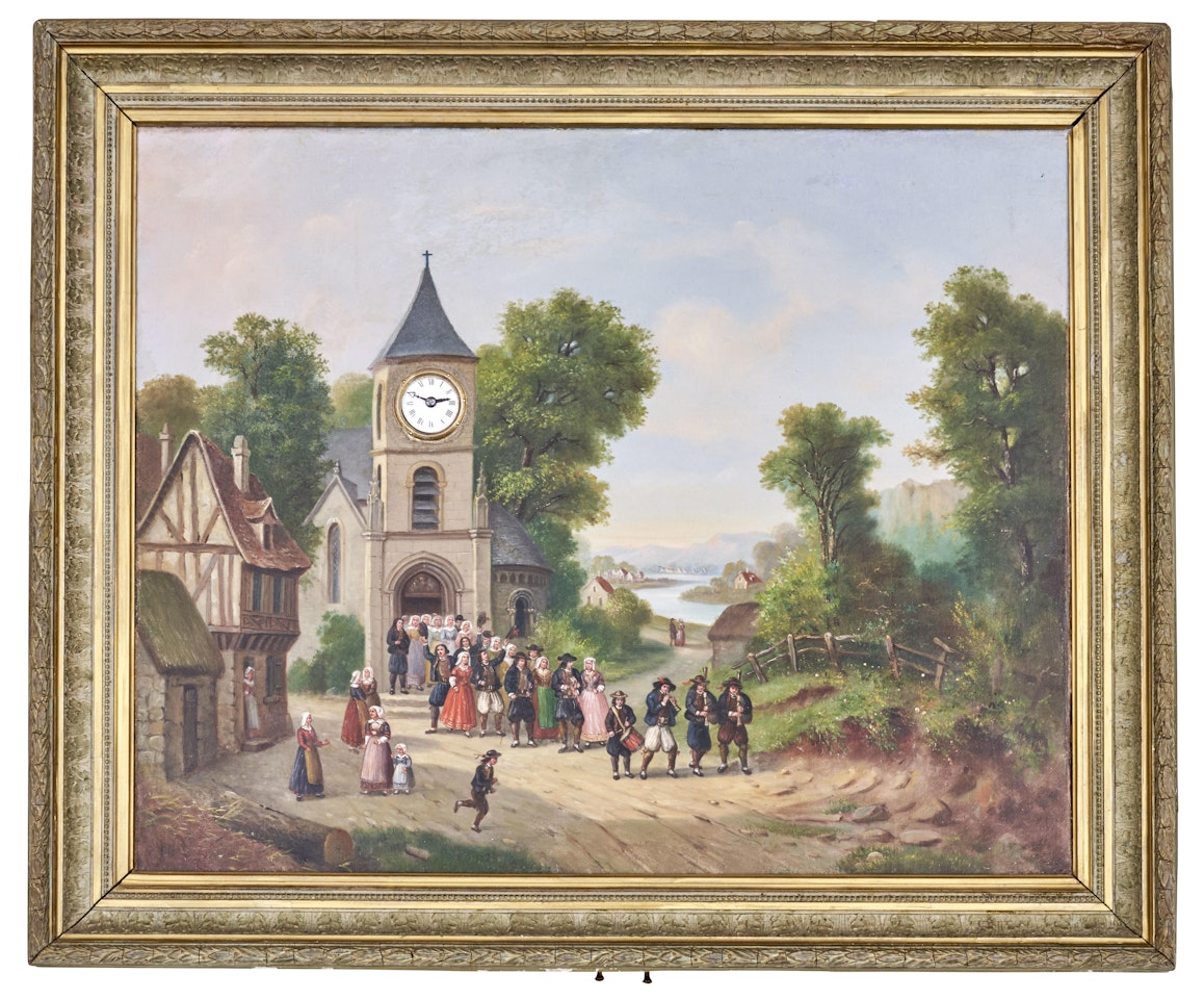 The wedding party going out of the church in Brittany, France; with clock and musical movement designed by Jean Marie Phalibois by French School