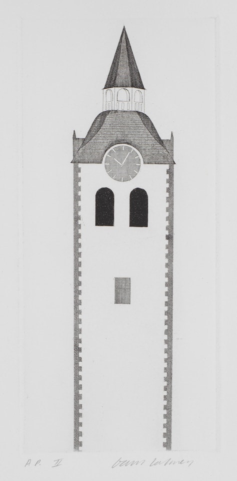 The Church Tower and The Clock, from "Illustrations for Six Fairy Tales from the Brothers Grimm" by David Hockney