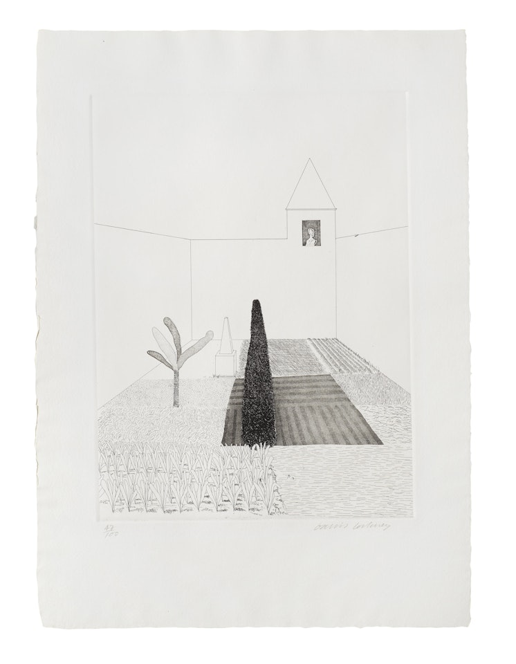 Rapunzel Growing in the Garden, from "Illustrations for Six Fairy Tales from Brothers Grimm" by David Hockney