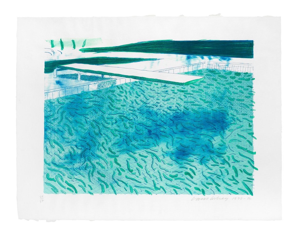 Lithograph of Water Made of Lines, a Green Wash, and a Light Blue Wash by David Hockney