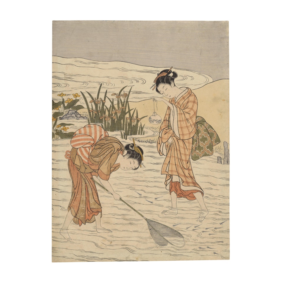 A chūban tate-e print depicting young women fishing with a net by Suzuki Harunobu