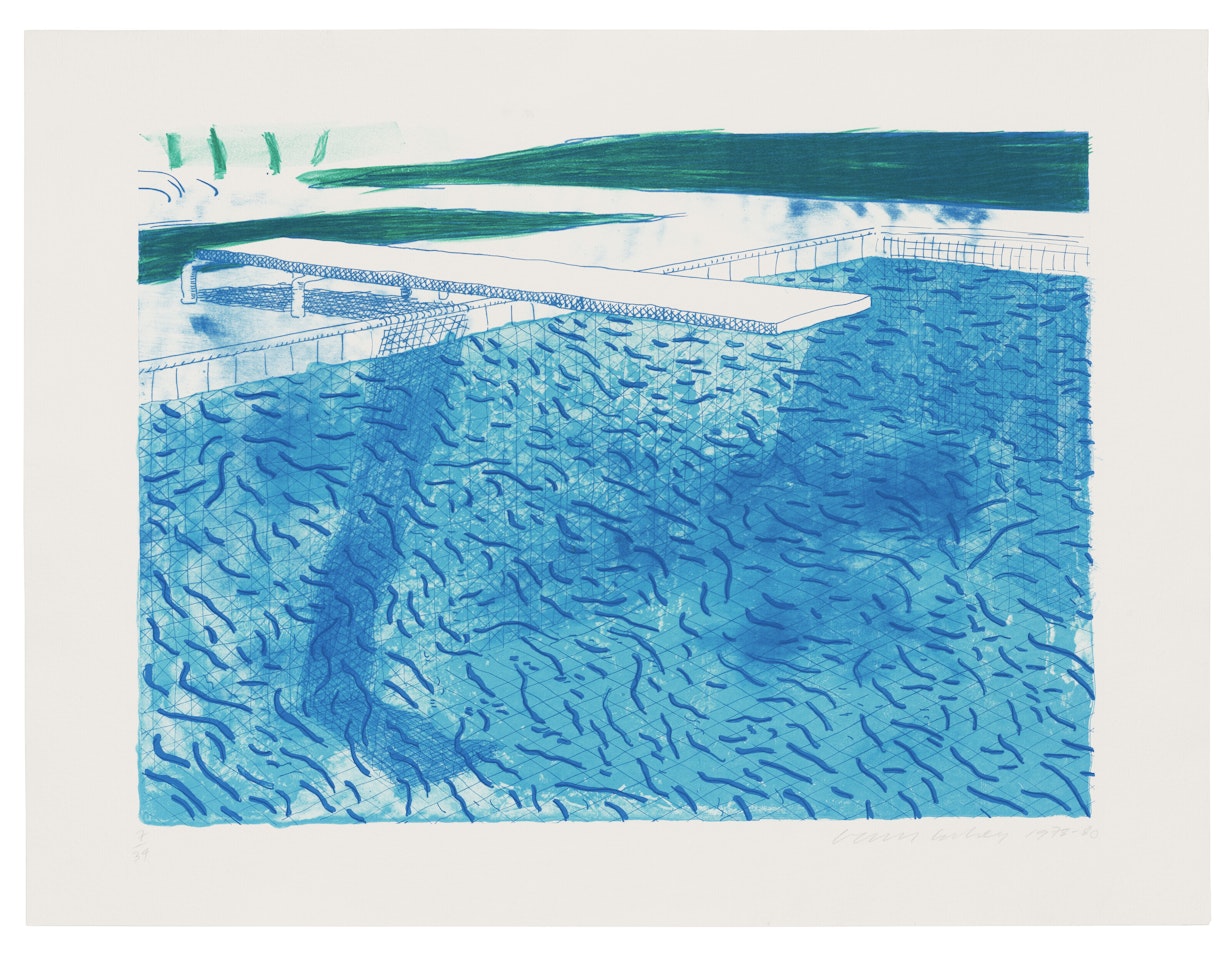 Lithograph of Water Made of Thick and Thin Lines and a Light Blue and a Dark Blue Wash by David Hockney