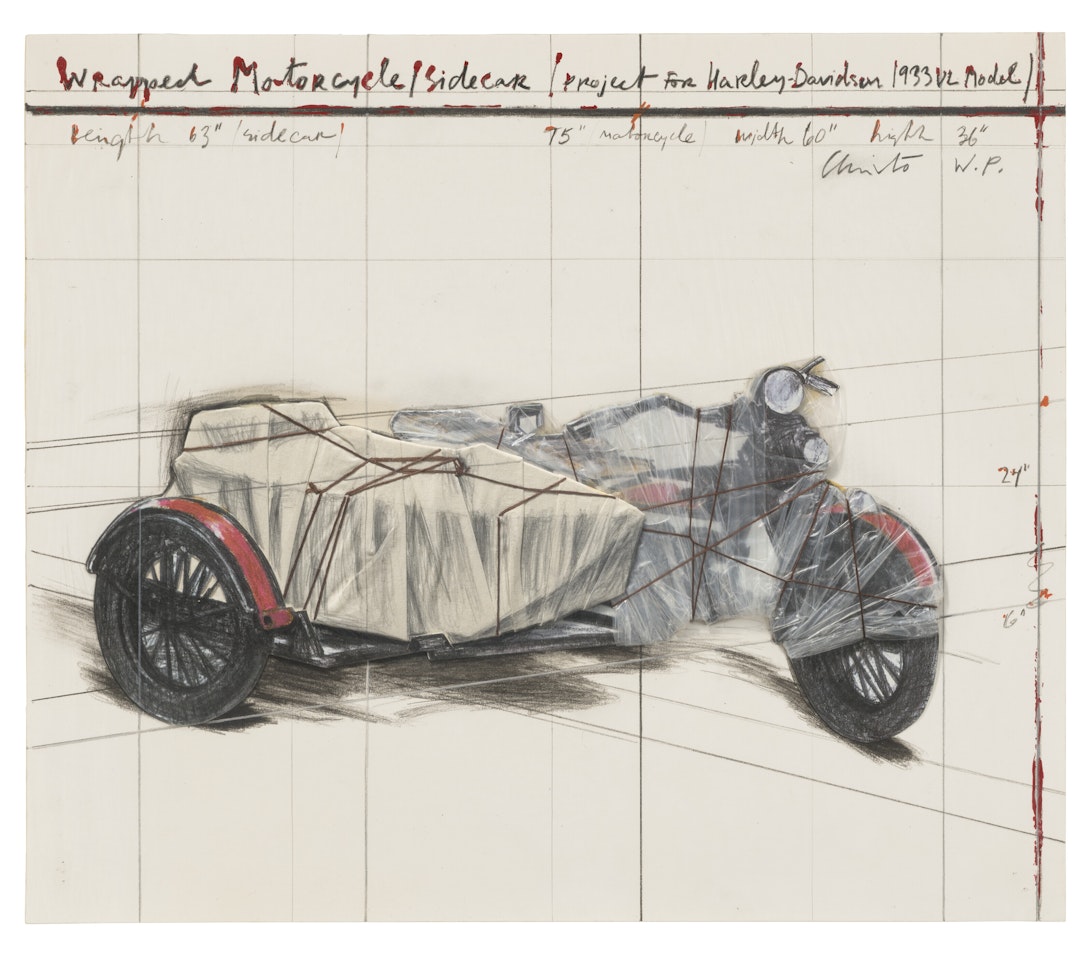 Wrapped Motorcycle/Side Car, Project for Harley Davidson 1933 VL Model by Christo