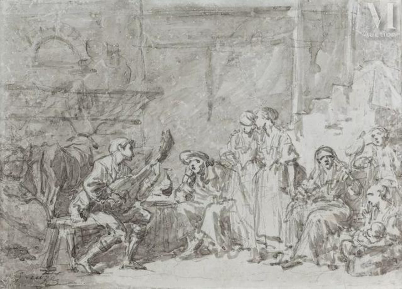 Lively tavern scene by Jean-Baptiste Greuze