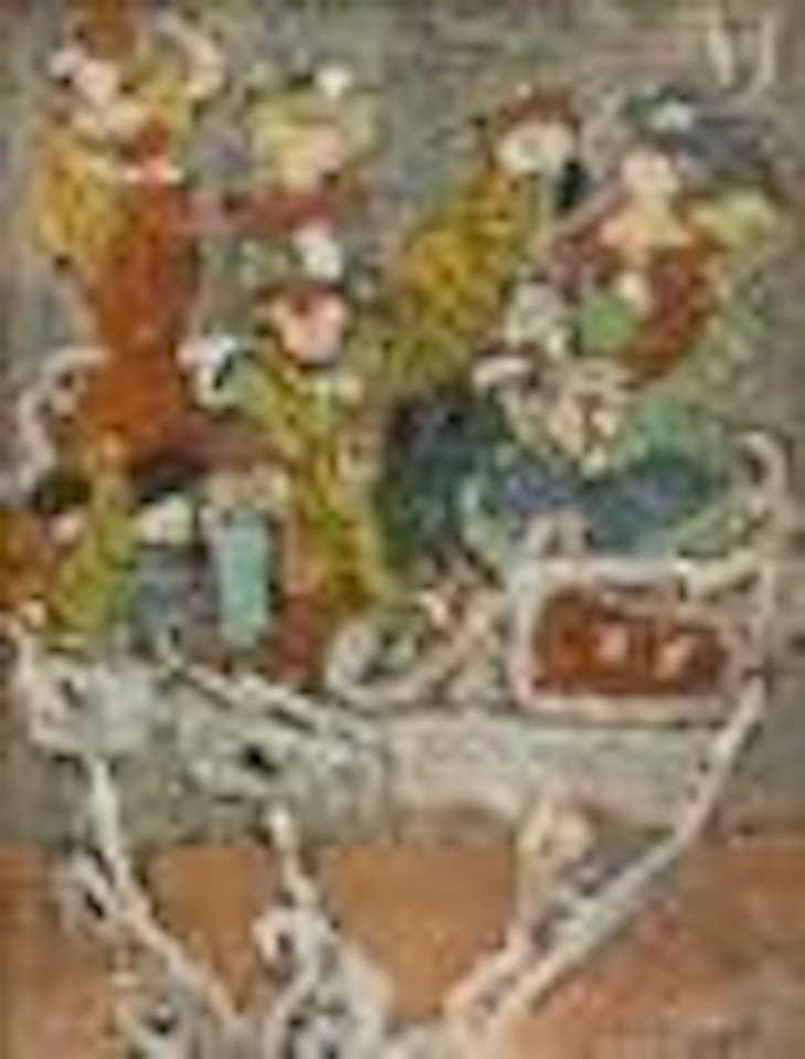 Characters and parrot on a white desk by Jean Pougny