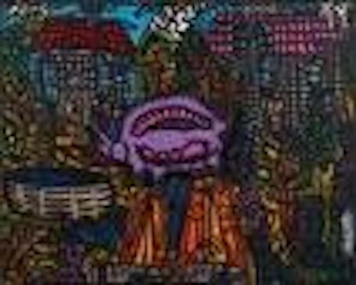 A blue pig, purple glass wood pig at the water trough by Robert Combas