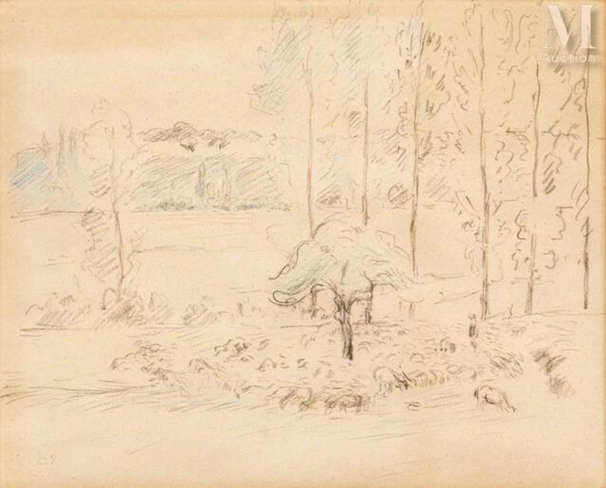 Landscape of Eragny recto, sketch of a peasant woman verso by Camille Pissarro
