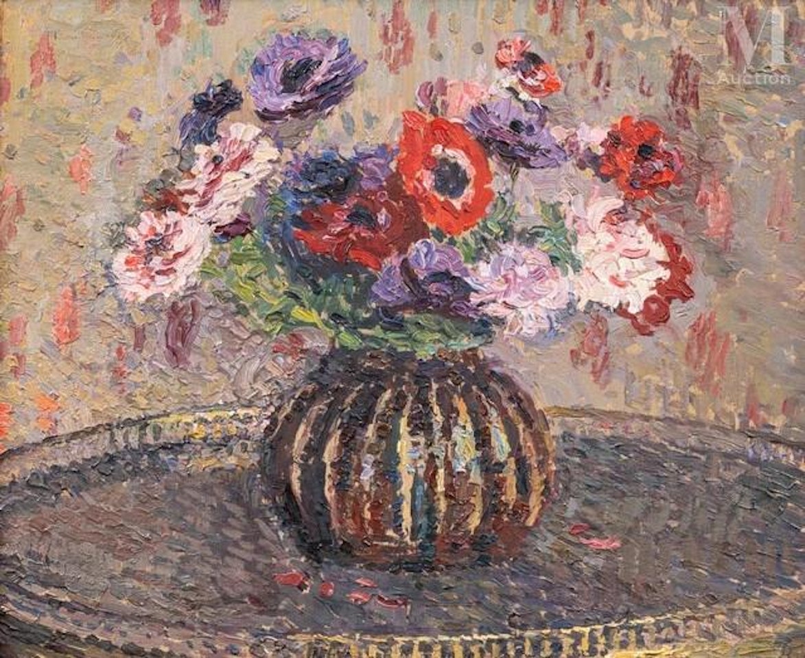 Anemones in a Dalpayrat vase on a hot water bottle table by Henri Martin