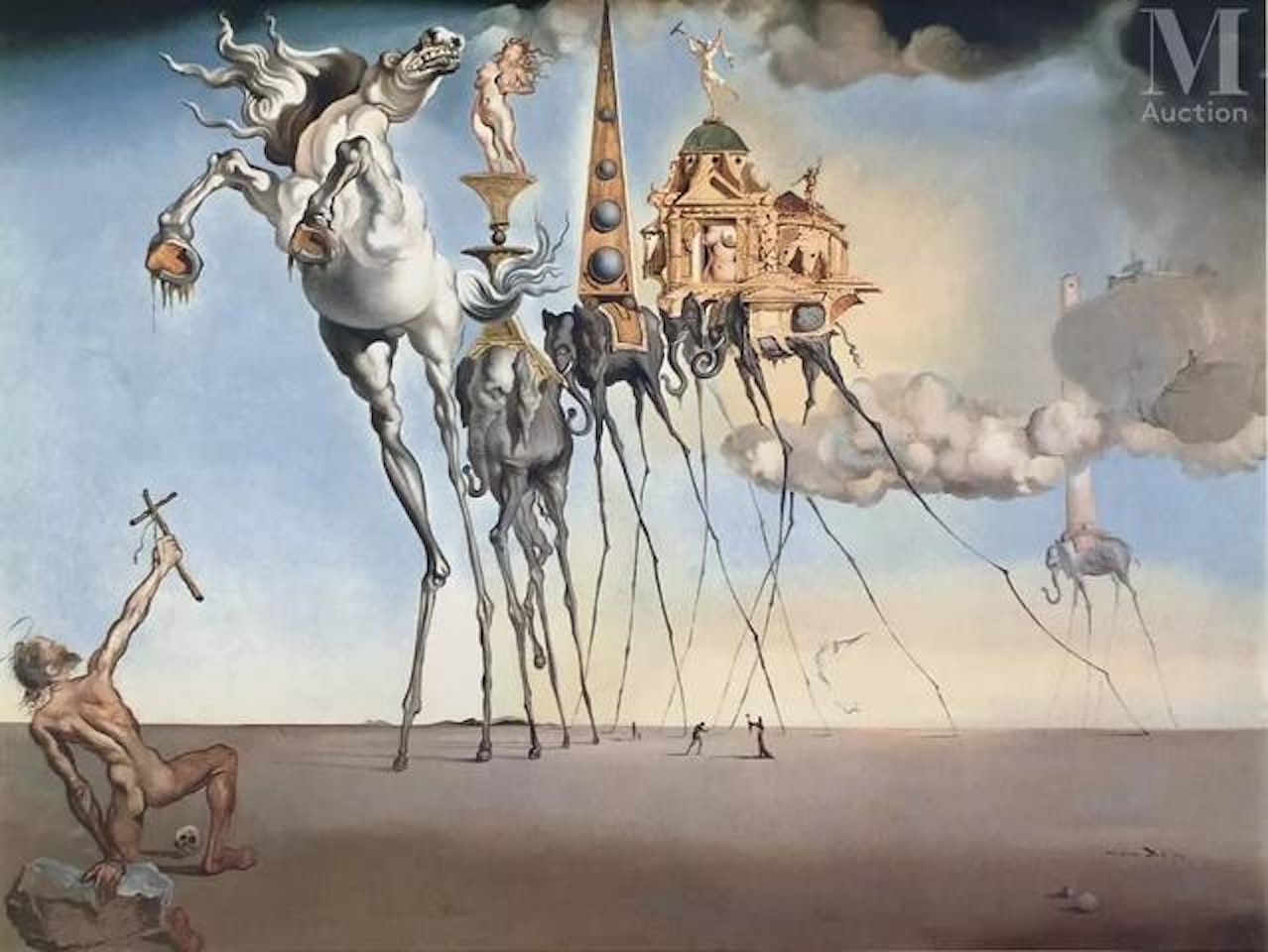 Surrealist compositions; The temptation of Saint Anthony; Dream caused by a bee flying around a pomegranate, one second before waking up; The cosmic rider; Galatea of the Spheres or Gala Placidia; Appearance of the face of Aphrodite of Cnidus in a landscape; Oriental fantasy background of clouds and portal; The Tower of Enigmas; Dream caused by a bee flying around a pomegranate, one second before waking up; Inaugural Goosebumps; Cat by Salvador Dali