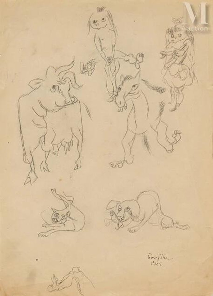 Hybrid beings (Games, little girl, donkey, cow, dog and cat) by Leonard Tsuguharu Foujita