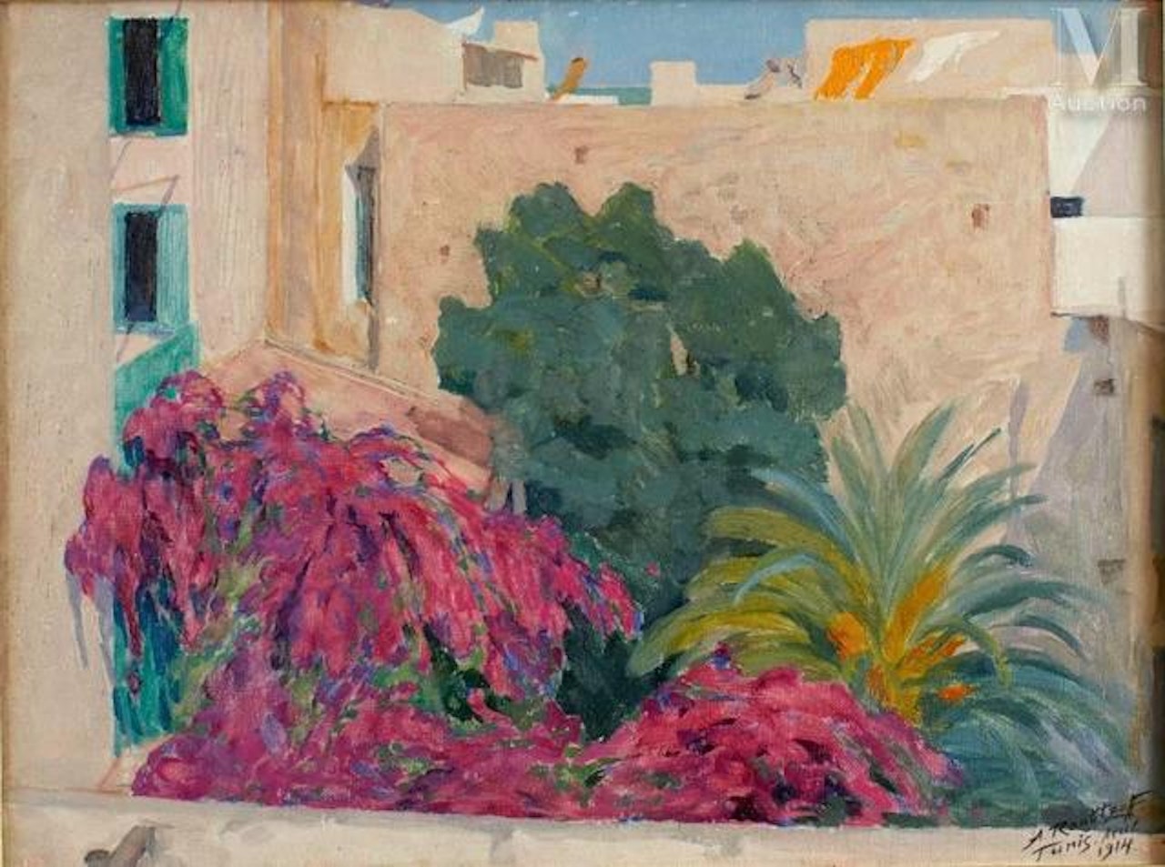 Patio with bougainvillea and palm trees by Alexandre Roubtzoff