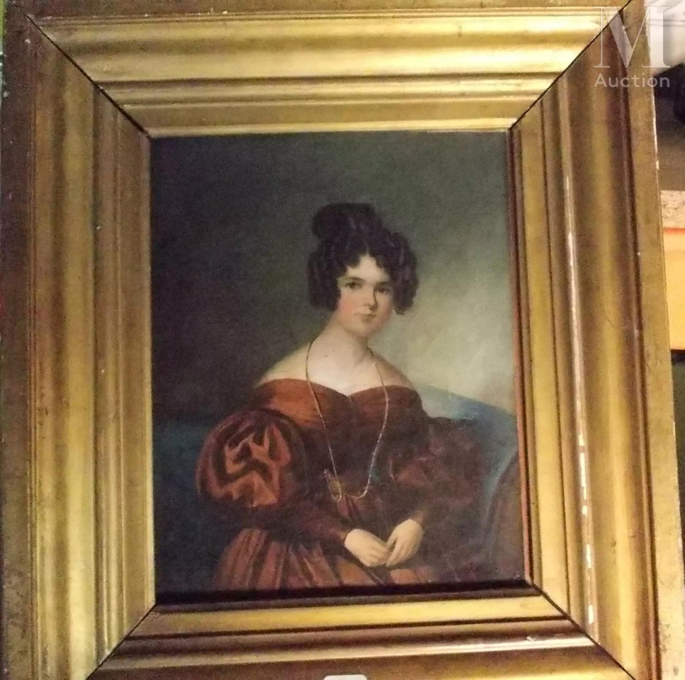 Portrait of a woman in a brown dress by French School