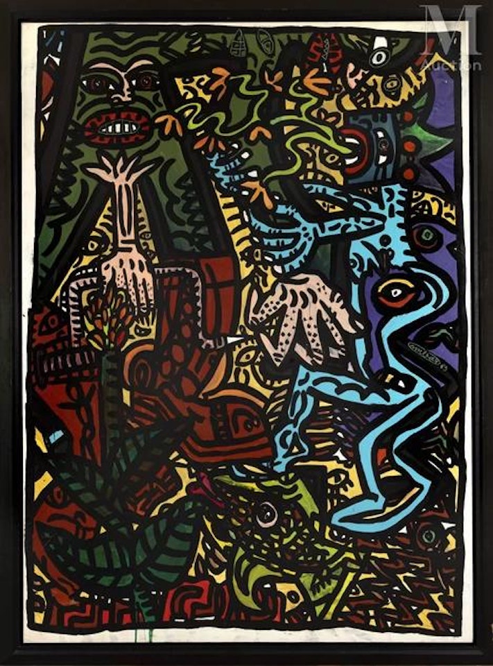 The hand chignole. He feels the tip to feel if it will pierce. He is Trousers with a Head. by Robert Combas
