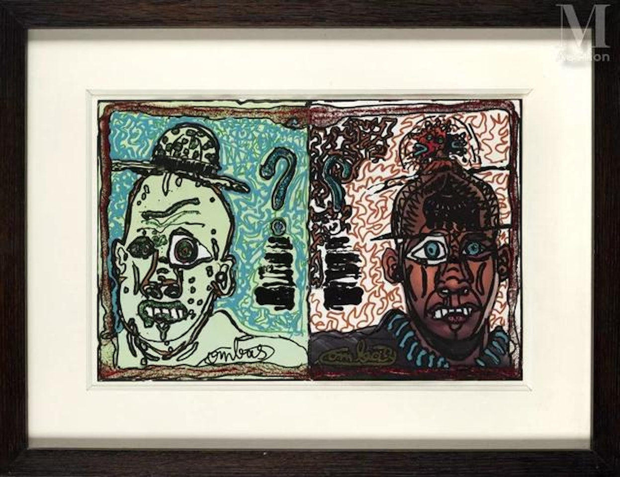 Double head. Positive negative. Very disconnected, very delirious. Contemporary portrait. I don"t understand anything about contemporary art. There is something of African magic in this photo drawing by Robert Combas