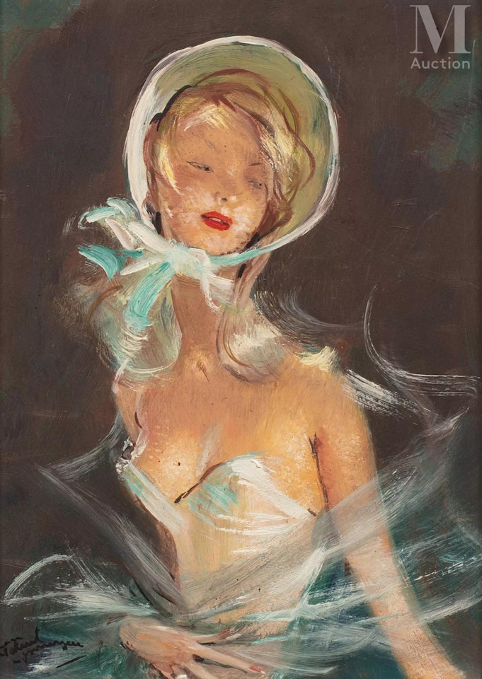 Portrait of young woman in hat by Jean Gabriel Domergue