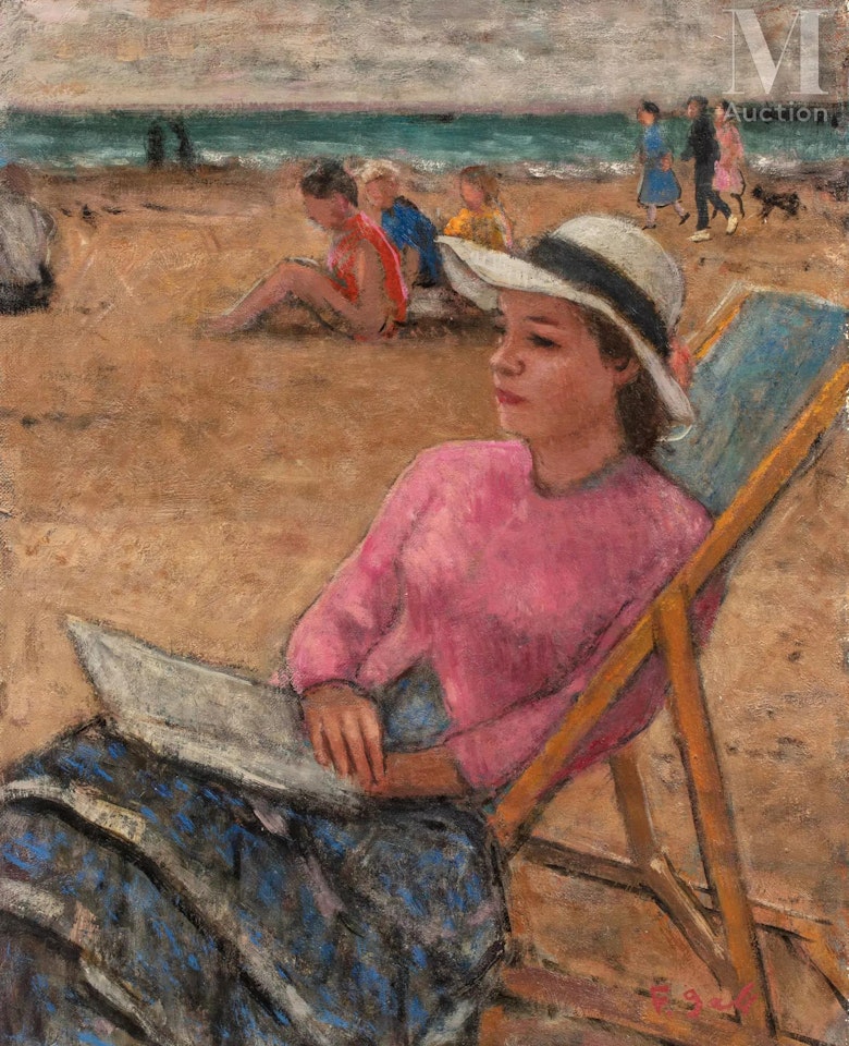 Eugénie, reading on the deckchair, Cabourg beach by François Gall